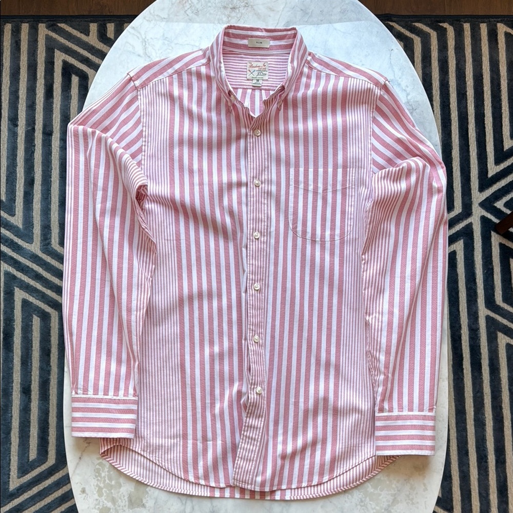 Pink and White Casual Button Down Shirt with Classic Stripes